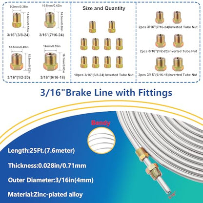 smseace 26Pack 3/16 Inch Brake line kit Include 25 FT Zinc-Plated Brake Lines with Fitting(16pcs Fittings,2pcs Union+4pcs Nut) Brake line Bender,Single Flare Tool,Cutter 3/16 Inch Brake line kit - color: Silver-A, size: 3/16inch