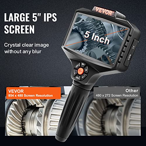 VEVOR Triple Lens Inspection Camera with Light, 5" IPS Screen Industrial Borescope, 8X Zoom 1080P HD Split Screen, 10 LED Lights Scope Camera for Automotive, Plumbing(16.5FT) - size: 5" IPS Screen-16.5FT