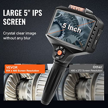VEVOR Triple Lens Inspection Camera with Light, 5" IPS Screen Industrial Borescope, 8X Zoom 1080P HD Split Screen, 10 LED Lights Scope Camera for Automotive, Plumbing(16.5FT) - size: 5" IPS Screen-16.5FT
