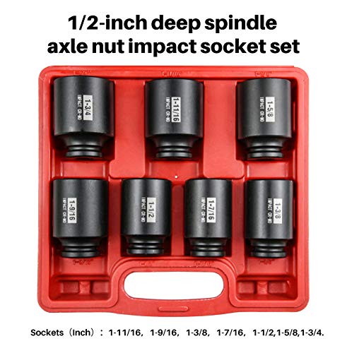 7Pcs 1/2" Drive Deep 6-Point Impact Socket Set/Spindle Nut Impact Socket Set, Inch, Cr-Mo,1-3/8-Inch - 1-3/4-Inch - size: 7PC