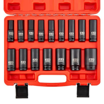 1/2 Inch Drive Impact 16 PCS Hex Socket Set,Metric Deep (10-32mm) Sockets,6 Point Radius Corner Design,CR-MO Alloy Steel,Square Chamfered Opening,Axle Nut Socket For Auto Repair - size: 1/2" Metric 16pc