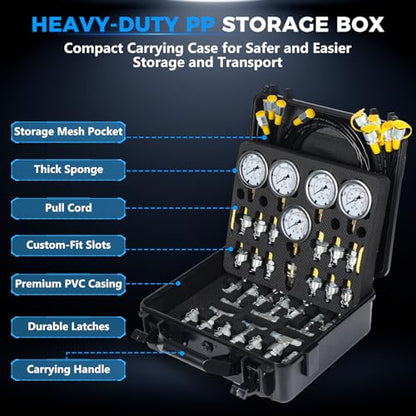 Hydraulic Pressure Test Kit with 5 Gauges up to 10000 PSI 10–600 Bar, 13 Couplings 14 Tee Connectors and 5 Hoses, Hydraulic Tester for Excavators Loaders and Construction Equipment