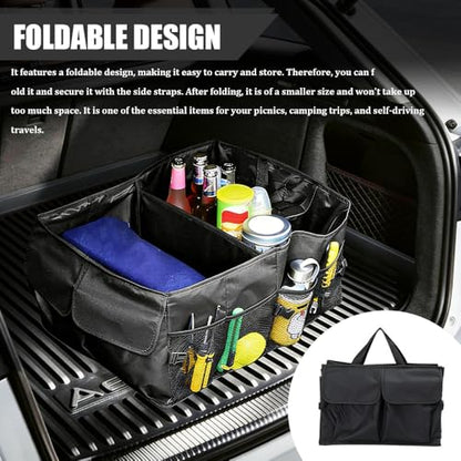 Car Trunk Organizer, Collapsible Multi Compartment Vehicle Storage Box, Waterproof Adjustable Automotive Organization Container Accessories for Women Men, Universal for SUV, Car, Truck (Black)