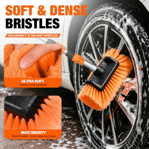 LAANPOLE 12FT Car Wash Brush with Long Handle, Car Cleaning Brush with 12 Inch Soft Bristle and Soap Dispenser, Solar Panels Cleaner with Telescoping Pole for RV, Truck, Boat, House Siding, Orange - color: Orange