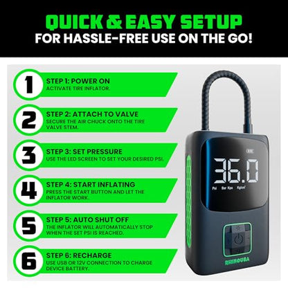Rhino USA Tire Inflator Portable Air Compressor (150 PSI) Upgraded Air Pump for Car Tires with Digital Pressure Gauge - Best Mini Air Pump for Bike Tires with Dual LCD Screen (Black & Green)