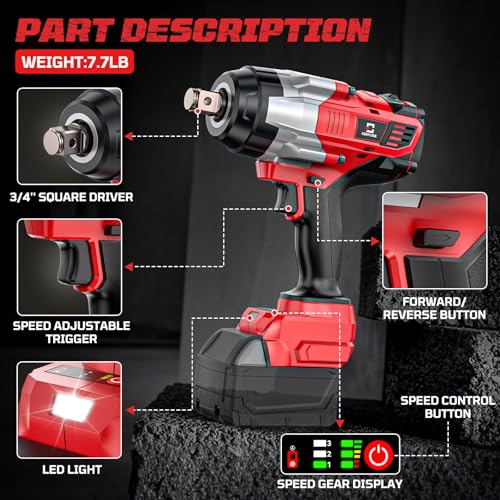 Cordless Impact Wrench 3/4 inch Compatible with Milwaukee Battery, Cerycose1850ft-lbs (2500N.m) Brushless Electric Impact Gun, High Torque Impact Driver, Heavy-Duty Automotive with 4 Sockets - size: 3/4inch, style: Compatible with Milwaukee& 4Sockets(No b