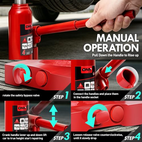 DNA Motoring 4 Ton Hydraulic Car Bottle Jack, Red, 8000 lbs Capacity | Automotive Welded Bottle Jack For Car SUV Pickup Truck, Auto Repair House Lift, with Manual handle & Carrying Storage Case - color: red, style: 4 ton
