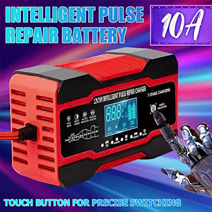 10-Amp Car Battery Charger, 12V and 24V Fully Automatic Smart Car Battery Desulfator, Battery Maintainer Trickle Charger, Battery Maintainer with Temperature Compensation for Boat Motorcycle