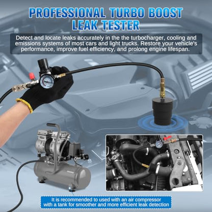 Turbo Boost Leak Tester Kit 10PC Boost Leak Tester Automotive Well-sealed Turbo/Emission/Cooling System Pressure Leakage Tester with 4 Pairs of Stepped Adapters 1-3/8" to 3-1/2", US & EU Air Fitting - style: 10PCS