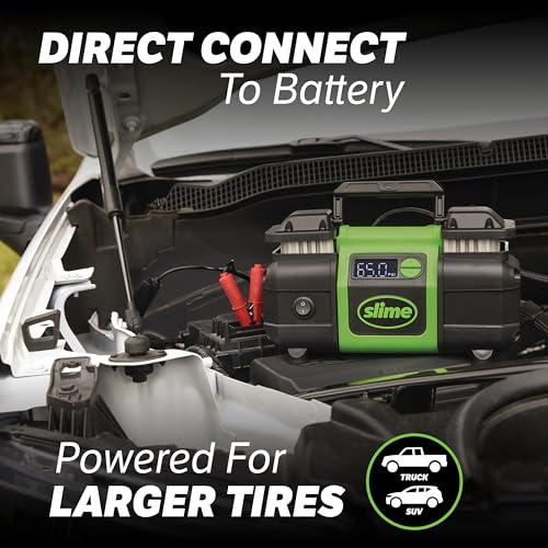 Slime 40083 Tire Inflator, Super Duty Pro Power, Battery Connection, Dual Piston, with Digital 0-99 psi Gauge, Long Hose and LED Light, Alligator Clips, 2 min Inflation - style: Super Duty Pro Power