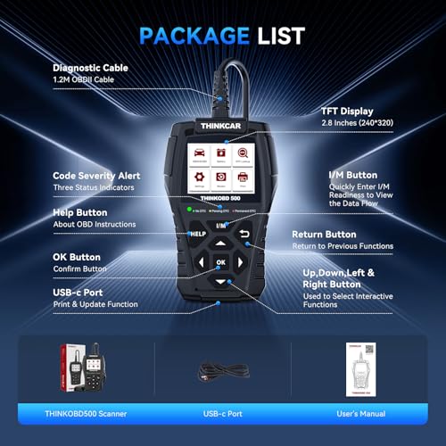 THINKCAR Thinkobd 500 OBD2 Scanner Check Engine Car Code Reader, Full OBD II CAN Diagnostic Scan Tool, Read and Clear Error Codes, Live Data, Vehicle Report, 2.8 Inches Dispaly - size: OBD500