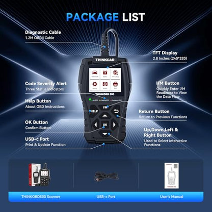 THINKCAR Thinkobd 500 OBD2 Scanner Check Engine Car Code Reader, Full OBD II CAN Diagnostic Scan Tool, Read and Clear Error Codes, Live Data, Vehicle Report, 2.8 Inches Dispaly - size: OBD500