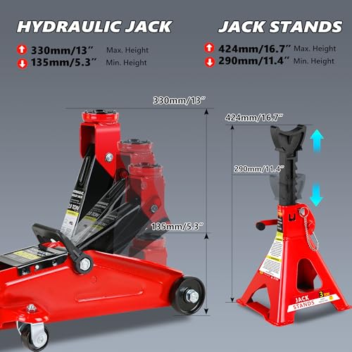 2 Ton (4000 lbs) Capacity, Low Profile Hydraulic Trolley Service/Floor Jack Combo with 2 Ratchet 3 Ton Jack Stands, tire Repair kit, 14-inch Wheel Cross Wrench - color: 2Ton with Jack stands+Tire repair kit+Wrench Red
