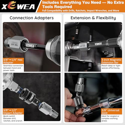 XEWEA 22PCS 3/8" Drive Screw Extractor Set, Bolt Remover Kit | Multi-Spline Easy Out for Stripped Broken Bolts, Nuts & Screws, Heavy-Duty CR-MO Extraction Tools with Extension & Adapter - size: 22PCS