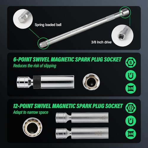9Pcs Spark Plug Socket Set 3/8" 5-45Ft.lb Torque Wrench with Universal Spark Plug Socket, 1/2 and 1/4 Adapters and Extension Rod - style: 5-45Ft lb(9pcs)