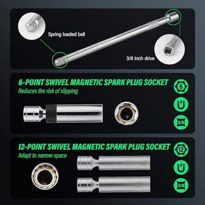 9Pcs Spark Plug Socket Set 3/8" 5-45Ft.lb Torque Wrench with Universal Spark Plug Socket, 1/2 and 1/4 Adapters and Extension Rod - style: 5-45Ft lb(9pcs)