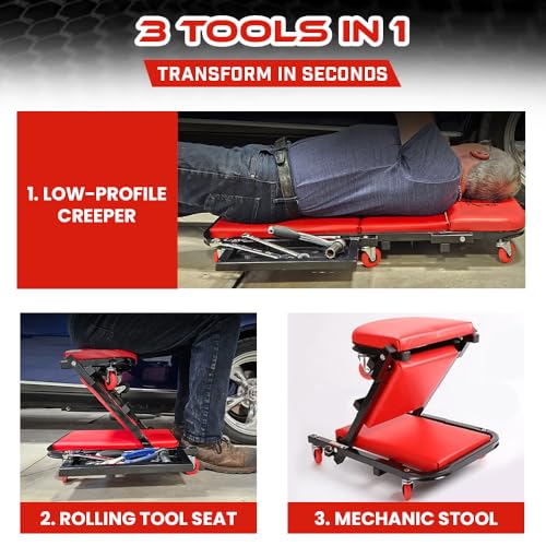 40" Mechanics Creeper Z fold with Side Tool Tray, 3 in 1 Low Profile,7pc-2.5" (360°) Swivel castors, Heavy Duty 450lb Laying Capacity 300lbs Seated, Home and Garage,