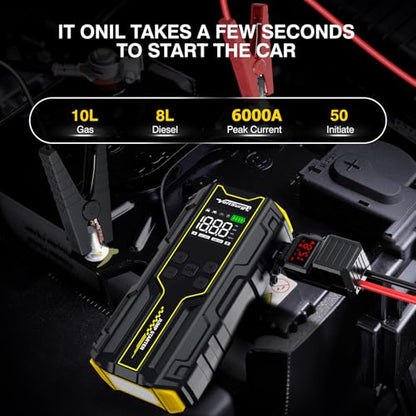 Car Jump Starter with Air Compressor, VoltSurge 6000A Peak 12V Battery Jumper Starter Portable Booster Pack, 150PSI Safe Jump Box with LED Light(Up to 10L Gas/8L Diesel Engine)