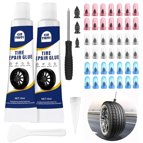 42Pcs Tire Repair Plugs Screws with 2 Tube Sealant &Screwdriver | 3 Sizes Fast Self-Sealing Tire Repair Rubber Plug Nail Kit, Car Motorcycle Truck ATV, Quick Fix Screw-in Tire Glue
