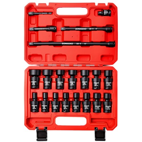20-Piece 3/8" Drive Impact Swivel Socket Set, CR-Mo, Metric Universal Joint Socket 8mm-22mm, 6-Point, Comes with Extension Bars, Universal Joint, 1/2" to 3/8" & 1/4" to 3/8" Reducer Adapters - size: 20 PCS, 3/8" Socket set, Swivel