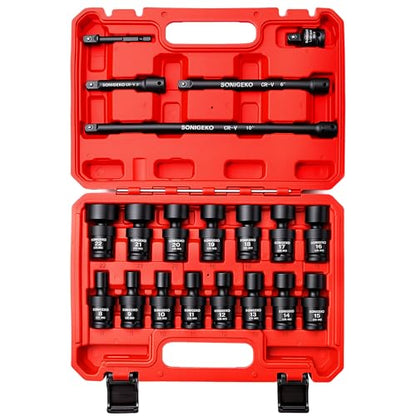 20-Pcs 3/8" Drive Impact Swivel Socket Set,Metric Universal Socket 8mm-22mm | CR-Mo,6-Point, Comes with Extension Bars, Universal Joint, 1/2" to 3/8" & 1/4" to 3/8" Reducer Adapters - size: 20 PCS, 3/8" Socket set, Swivel