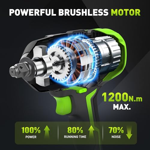 Cordless Impact Wrench for Car Tire Change, Max 1200N.m (885ft-Lbs) High Torque Impact Gun, Heavy Duty Impact Wrench for Mechanic, Auto Repair & Truck Maintenance, 4 Sockets - style: 1200N.m with 2 Battery