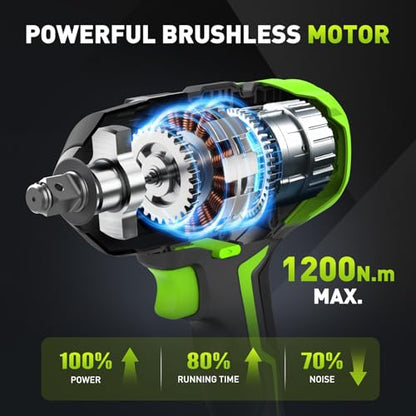 Cordless Impact Wrench for Car Tire Change, Max 1200N.m (885ft-Lbs) High Torque Impact Gun, Heavy Duty Impact Wrench for Mechanic, Auto Repair & Truck Maintenance, 4 Sockets - style: 1200N.m with 2 Battery