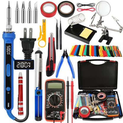 194PCS Soldering Iron Kit,100W Soldering Iron Adjustable Temperature,Solder Wire,Stand,Desoldering Pump,Soldering Welding Iron Kit for Electronics Hobby DIY 110V US Plug