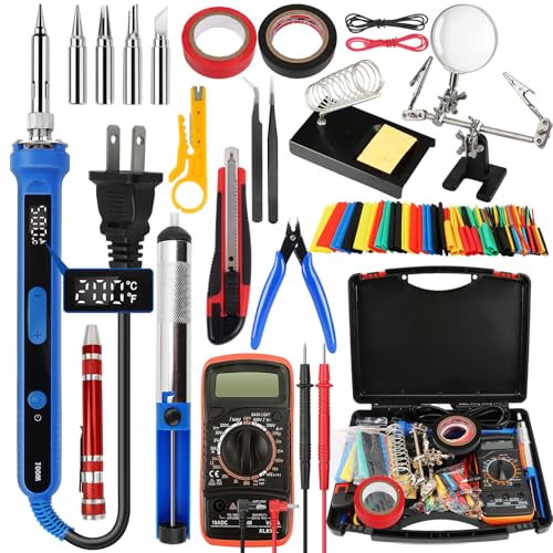 194PCS Soldering Iron Kit,100W Soldering Iron Adjustable Temperature,Solder Wire,Stand,Desoldering Pump,Soldering Welding Iron Kit for Electronics Hobby DIY 110V US Plug