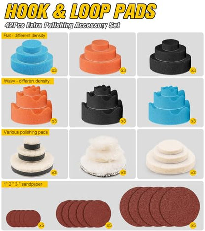 SI FANG 1'' 2'' 3'' Mini Random Orbital Air Sander Kit, High Speed Pneumatic DA Sanders Polisher for Auto Body Work, Includes 27Pcs 1/2/3in Polishing Sponge & Wool Pads, 15Pcs Sandpapers (Black) - style: 1"2"3" Buffer&Sander Kit