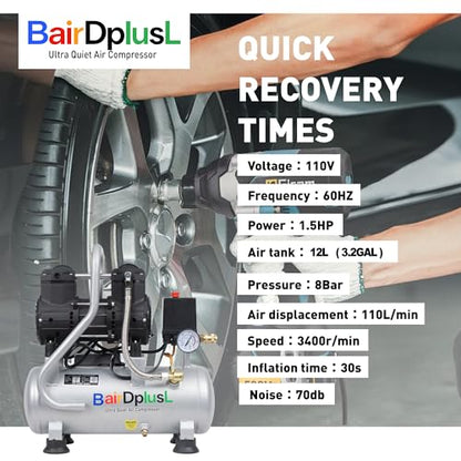 BairDplusL 3.2 Gallon Ultra Quiet Air Compressor 110V/60Hz 1.5HP 8.8CFM, MAX 115PSI Steel Tanks Oil-Free 70dB Noise Level Light & Quiet Portable Air Compressor for Auto Repair Spray Painting - size: 12L