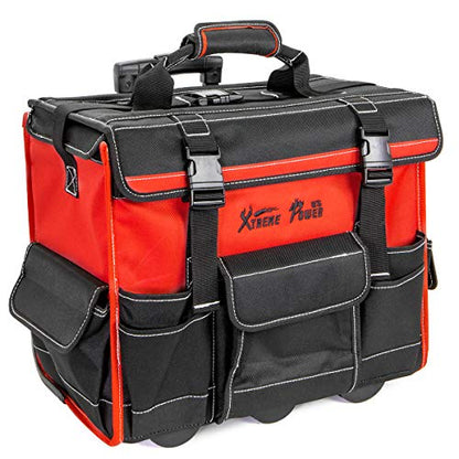 XtremepowerUS Rolling Tool Bag Wheels, 18-Inch Heavy Duty Tool Bag Organizer, Retractable Telescoping Handle, Durable Multi-Pocket Tool Tote Construction, Electrical, Plumbing, HVAC & Mechanic Tools