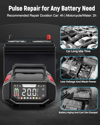 1-20A Smart Battery Charger, 12V/24V Automatic Automotive Battery Maintainer & Desulfator with Temperature Compensation, Adjustable Amp Trickle Charger for Lead-Acid, AGM, Gel, LiFePO4 - color: Red