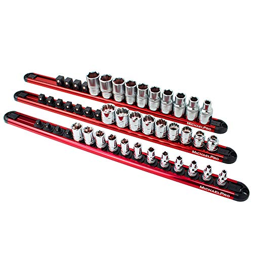 MichaelPro 3-Piece Aluminum Socket Organizer Rail Set- 1/4-inch, 3/8-Inch, and 1/2-Inch Drive Tool Socket Organizers Hold 46 Sockets, Heavy Duty Socket Storage | MP014001 - style: Non-Magnetic