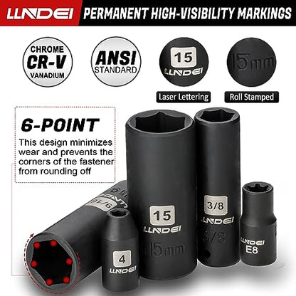 LLNDEI 1/4" Impact Socket Set 83 Pieces, SAE(5/32-9/16 in) Metric (4-15mm) | 72T Ratchet Wrench Handle,CR-V Mechanics Tool Set with Adapter, Screwdriver Bits for Automotive Repair - size: 83-Piece 1/4" Drive Impact Socket Set
