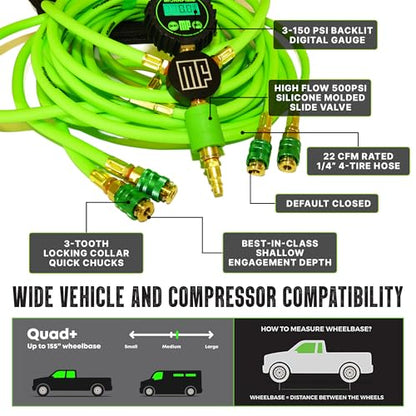TenSix 12V 150 PSI Portable Dual Cylinder Air Compressor 10.6 CFM + Quad+ 4 Tire Inflation & Deflation Hose Kit - Fits Up to 155" Wheelbase Digital Gauge - Complete Offroad Air Up & Down System - size: 10.6 CFM Compressor with 155 Inch Hose Kit