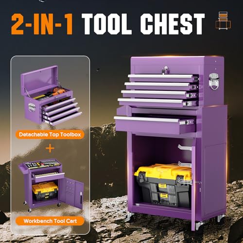 Oakcloud Heavy-Duty 5-Drawer Rolling Tool Chest & Cabinet Combo with Black Liner – Lockable Steel Garage Tool Box on Wheels – Detachable Top Toolbox & Bottom Storage Cart with Side Hooks, Purple - color: Purple, size: 5-drawer