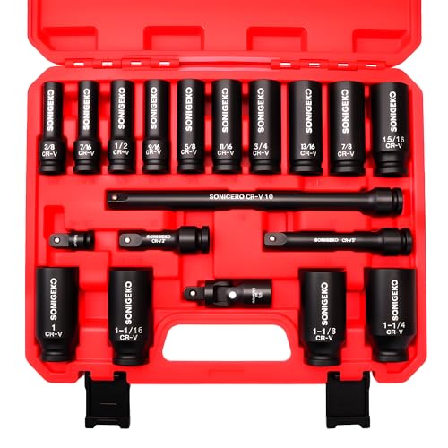 19-Piece 1/2" Drive Impact Socket Set | Deep, SAE CR-V Steel Sockets with Extension Bars, Universal Joint and Adapter - size: 19 PCS, 1/2" Socket Set, SAE