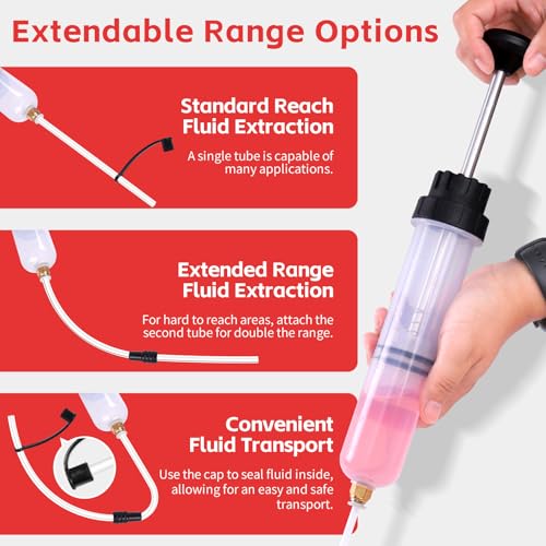 MaxWorks Manual Fluid Extraction and Filling Pump 200cc 7oz Multi Purpose Syringe Suction Gun for Oil Brake Fluid Coolant and Gear Lube with Extension Hoses (51044) - size: 200cc