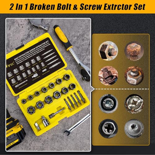 Topec 21 PCS Bolt Extractor Kit, 3/8" Drive Bolt & Nut Remover Socket Set, HSS 4341 Small Screw Extractor Set, 2-in-1 Removal Tool for Stripped, Broken, Damaged, Rounded Nuts, Screws - size: 21 PCS