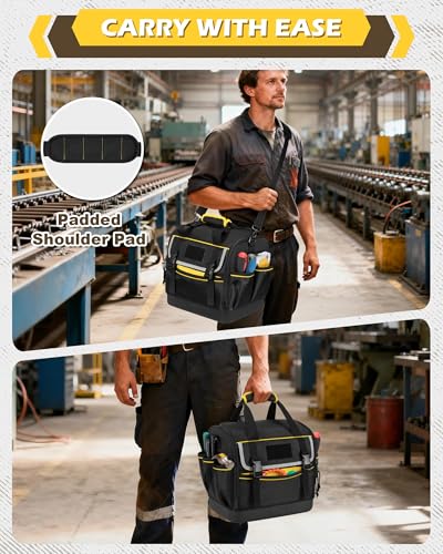 12-Inch Tool Bag with Hard Bottom, Electrician Tool Box Organizer | Detachable Divider, Multiple Pockets, Padded Handle, Adjustable Shoulder Strap, Ideal for Mechanics, Carpenters, Plumbers