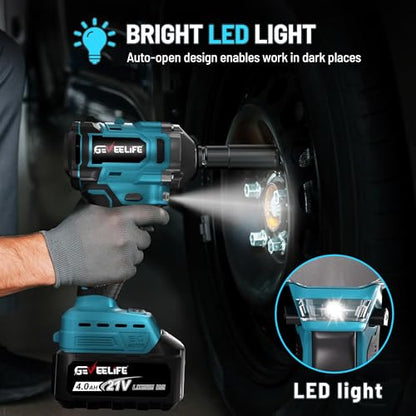 GEVEELIFE 450N.m/332Ft-lbs Brushless Impact Wrench,1/2" Cordless Impact Gun with 4.0Ah Battery & 4 Sockets, Electric Impact Driver for Car/DIY Furniture/Lawn Mower/blue (450N)