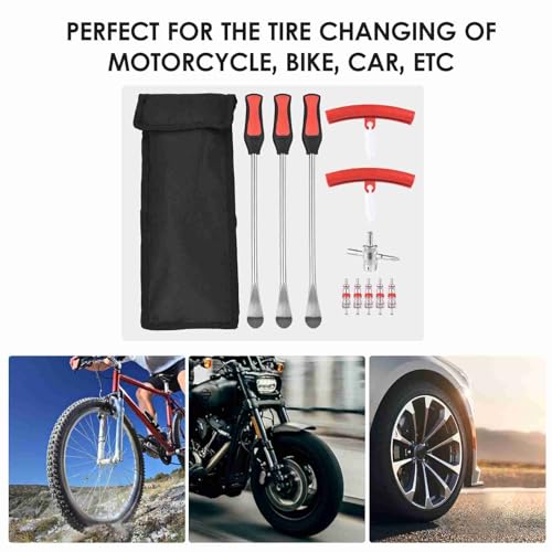 ZJchao Tire Lever Set Durable Multi Functional Tire Spoon Tyre Changing Tool with Protectors Valve Cores for Bike Motorcycle Car Repair and Removal Steel Material 3 (Red 02)