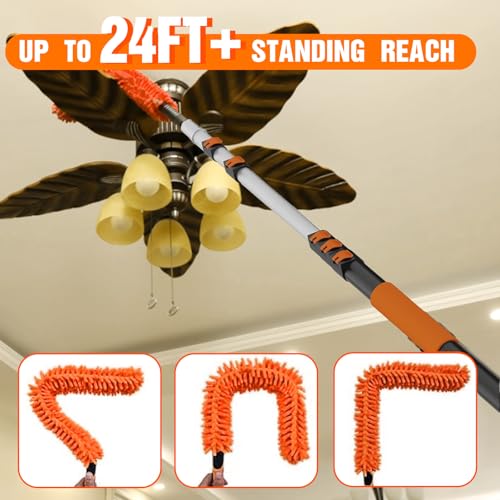 LAANPOLE 30FT Reach Ceiling Fan Cleaner Duster, Fan Blade Cleaner Kit with 5-24FT Extension Pole, Microfiber Duster & Replaceable Cleaning Cloth for Blades, Ceiling, Furniture - size: 24FT
