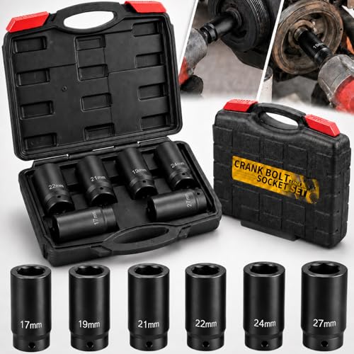 1/2" Drive Weighted Crank Bolt Socket Set, 17MM, 19MM, 21MM, 22MM, 24MM 27MM, Harmonic Balancer Socket Set, Weighted Deep Impact Socket Set, 3 Times Momentum Power of Standard Impact Socket