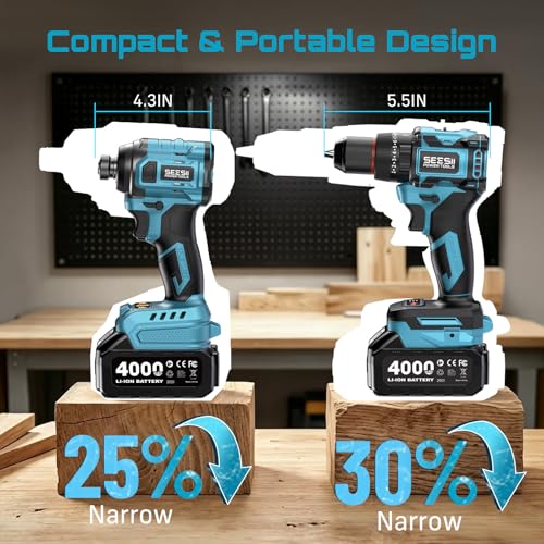 SEESII 21V Max Cordless Drill and Impact Driver, Power Tool Combo Kit Included 3/8'' Drill & 1/4'' Impact Driver, 2x 4000mAh Battery, Fast Charger, 20 pcs Driver Bit Set & Bag - color: Blue 21