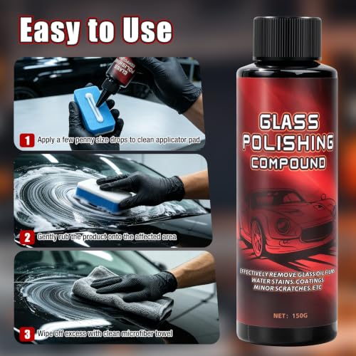 Glass Polishing Compound Kit with Sponge - Car Windshield Oil Film Remover, Water Spot Stain & Light Scratch Remover, Restore Clarity for Automotive Glass, Easy DIY Application (1)