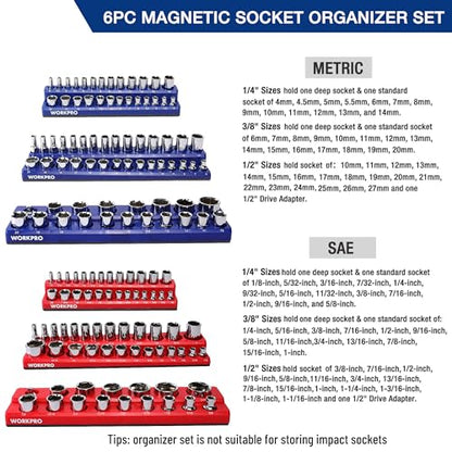 WORKPRO Magnetic Socket Organizer Set, 6-Piece Socket Holder Set Includes 1/4", 3/8", 1/2" Drive Metric SAE Socket Trays, Holds 143 Pieces Sockets, Christmas Gift for Men(Socket not Included) | 1/4", 3/8", 1/2" DR Socket Trays, Holds 143-Piece Sockets, Su