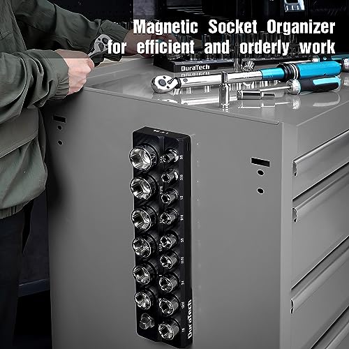 DURATECH Magnetic Socket Organizer, 1/2" SAE Socket Tray Holds 16 Pieces Standard & Deep Size Sockets, Magnetic Sockets Holder(Socket Not Included) - size: 1/2" DR, SAE