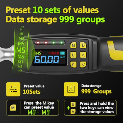3/8" Drive Digital Torque Wrench, 1.4-44 Ft.lbs (1.8-60 Nm) | ±2% Accuracy Electronic Torque Wrench with Dual Direction Ratchet, Buzzer and LED Indicator, for Motorcycle & Spark Plugs - size: 3/8" 60Nm